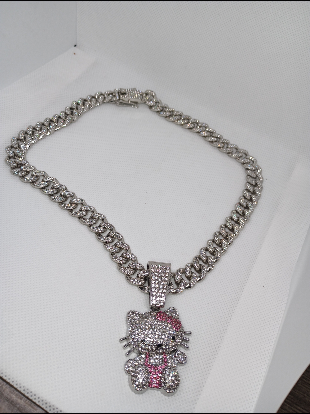Silver & Pink Crystal Hello Kitty Pendant Cuban Chain Necklace Nwot